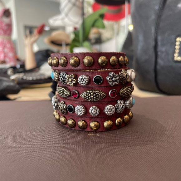 Campomaggi Red Leather Cuff/Bracelet with Multicolored Embellishments - Picture 2 of 3